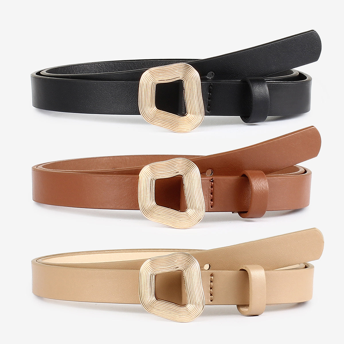 3pcs Geometric Buckle PU Leather Belt Retro Casual Jeans Belt