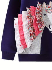 Girls Horse Patch Pattern Crew Neck Sweatshirt Top Pullovers