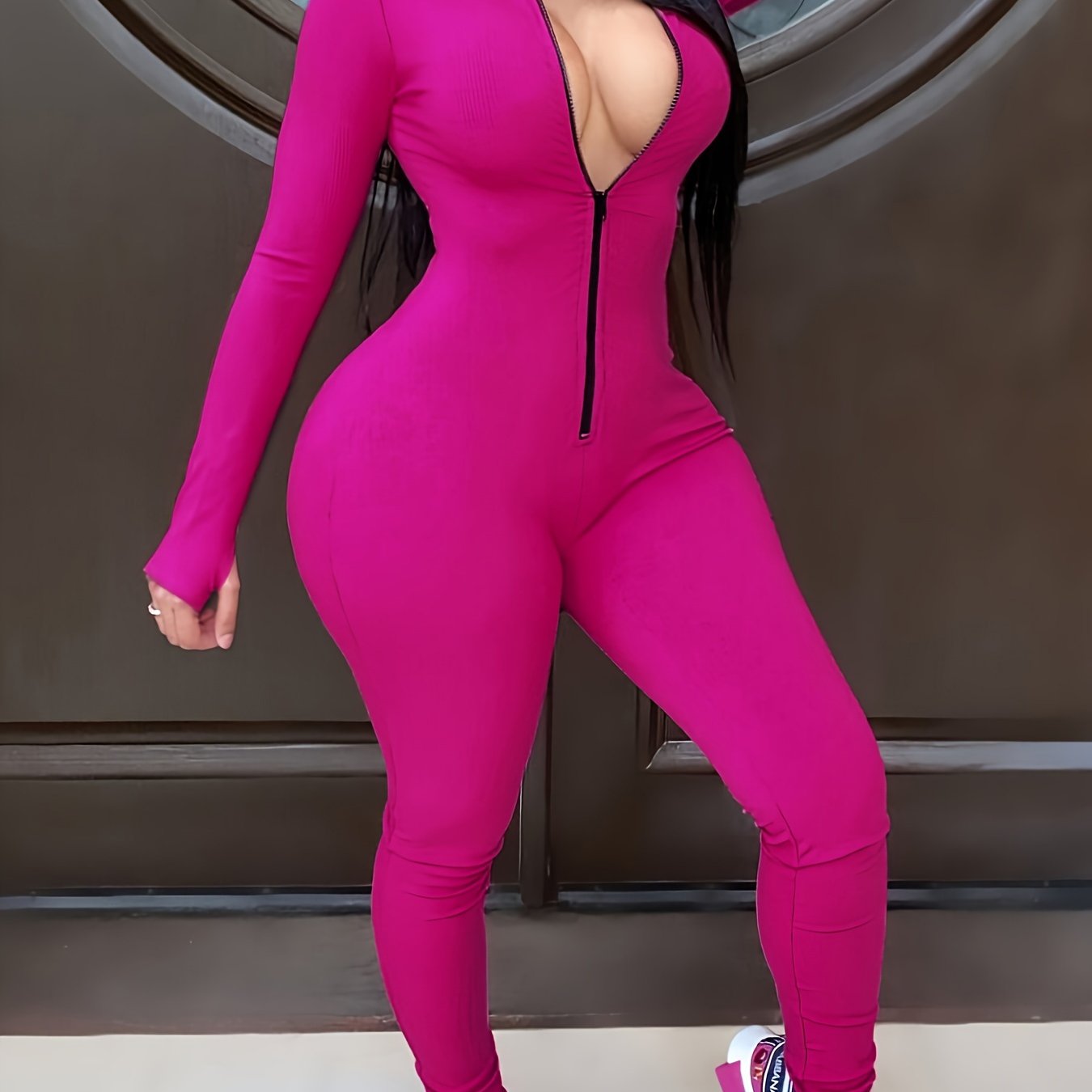 Plus Size Solid Zipper Long Sleeve Skinny Jumpsuit