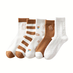 5 Pairs Bear Print & Striped Socks Women's Stockings
