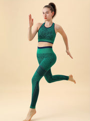 2Pcs Snakeskin Print Yoga Set Crop Tank Top & Mesh Running Pant Activewear