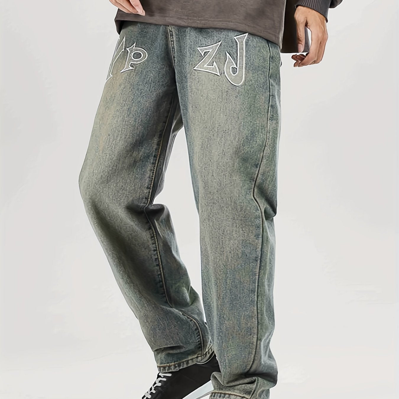 Men's Loose Fit Letter Print Jeans Casual Street Style Denim Pants
