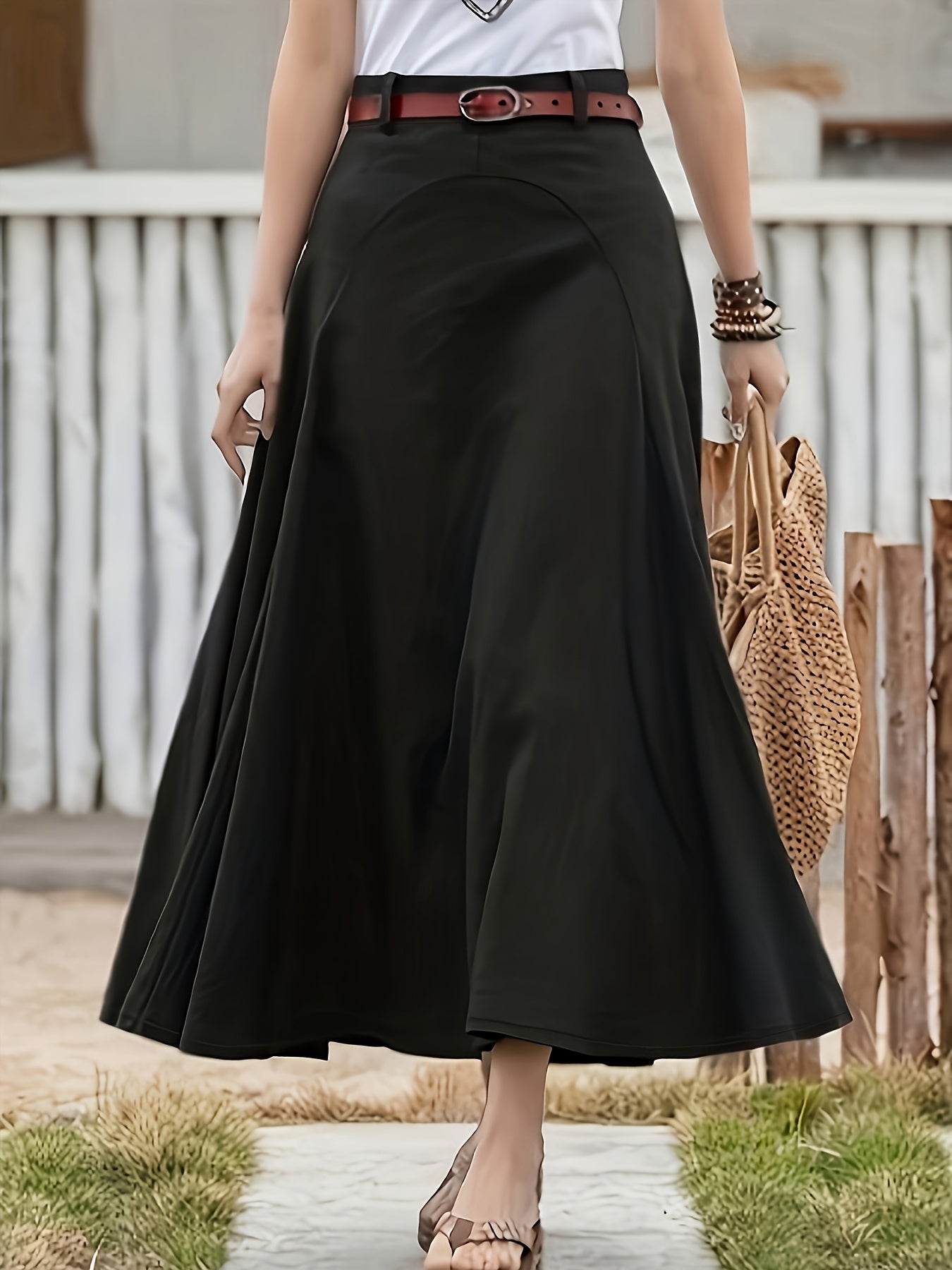Solid Stitching High Rise Swing Maxi Skirt