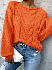 Solid Cable Lantern Sleeve Round Neck Sweater