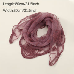 Rose Embroidery Gauze Square Scarf Lace Bandana Women Casual Head Wrap