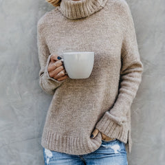 Solid Turtle Neck Pullover Sweater Long Sleeve Split Sweater