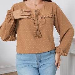 Lantern Sleeve Round Neck Knot Front Blouse Women's Plus Solid Blouse