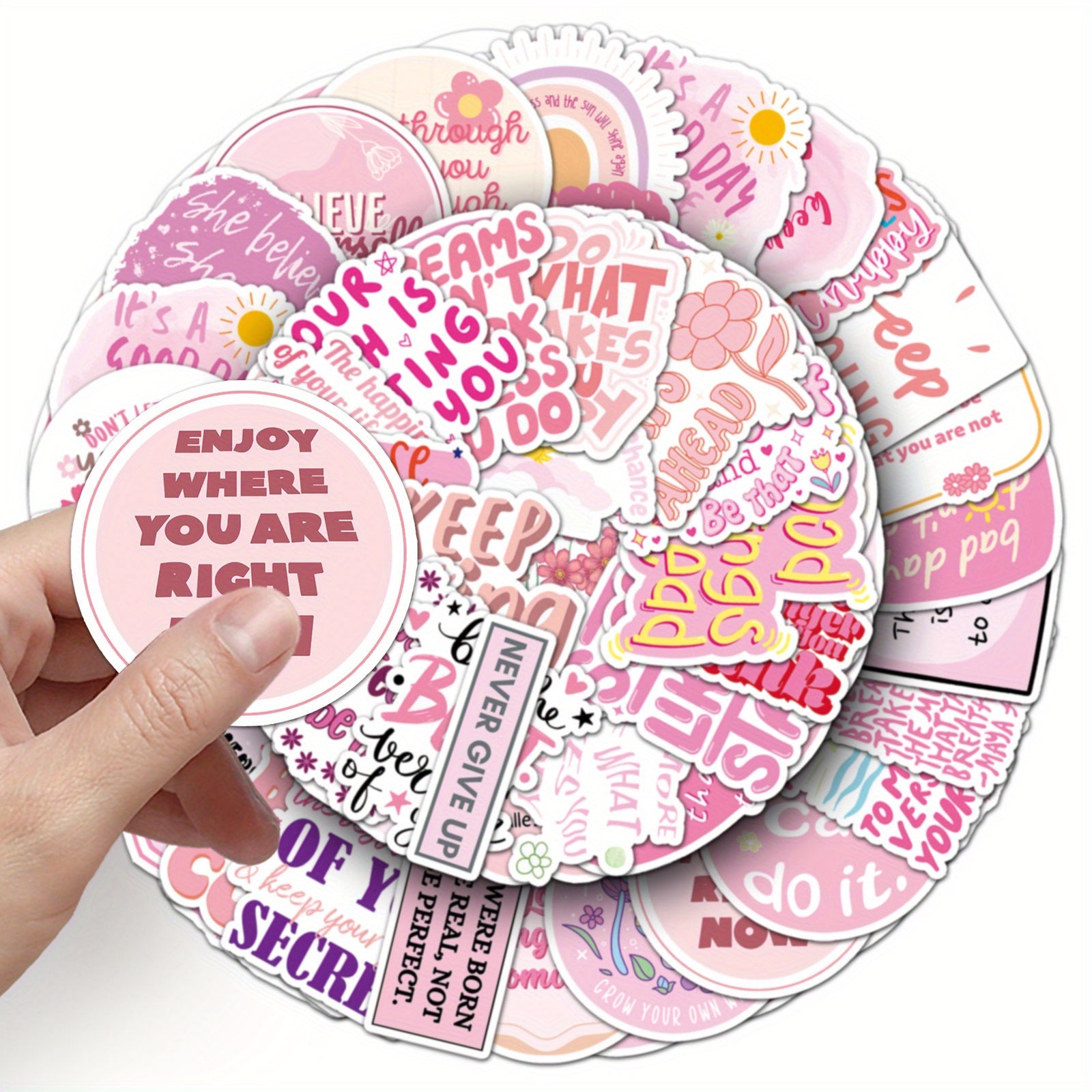 50 Pink Vinyl Stickers Cartoon Motivational Quotes Reusable Self Adhesive