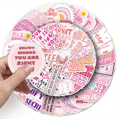 50 Pink Vinyl Stickers Cartoon Motivational Quotes Reusable Self Adhesive