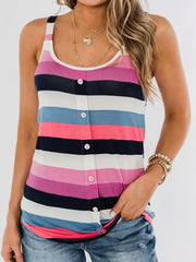 Colorful Strip Tank Top Round Neck Button Decor Slight Stretch
