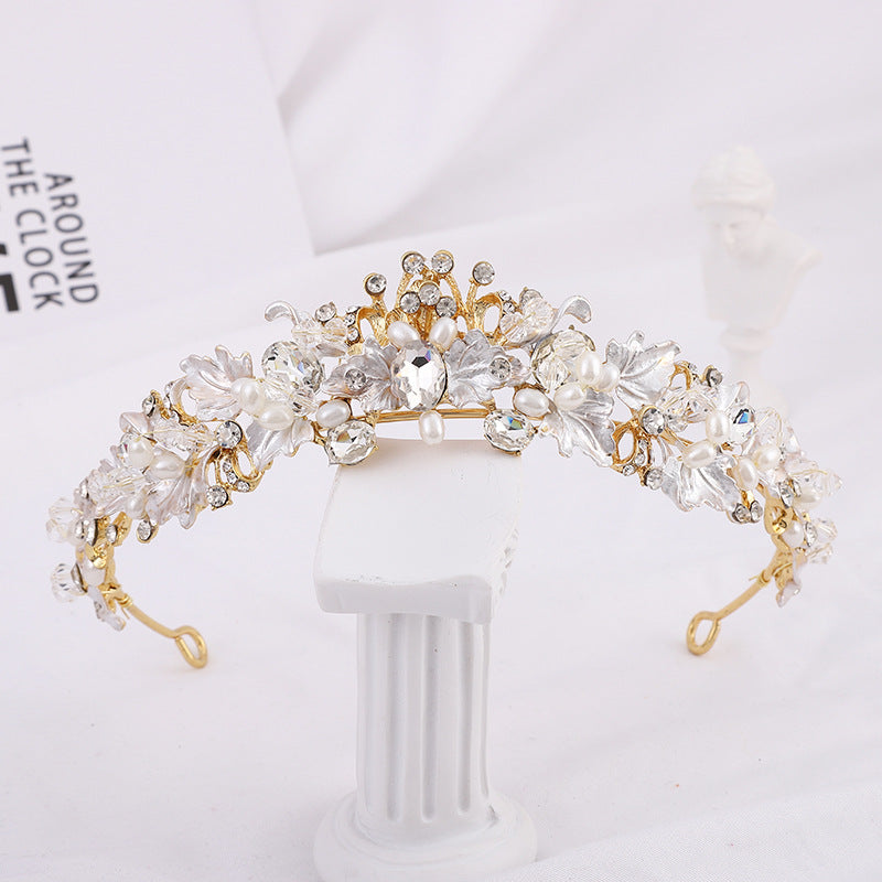 Vintage Golden Crystal Faux Pearl Rhinestone Tiara Wedding Jewelry