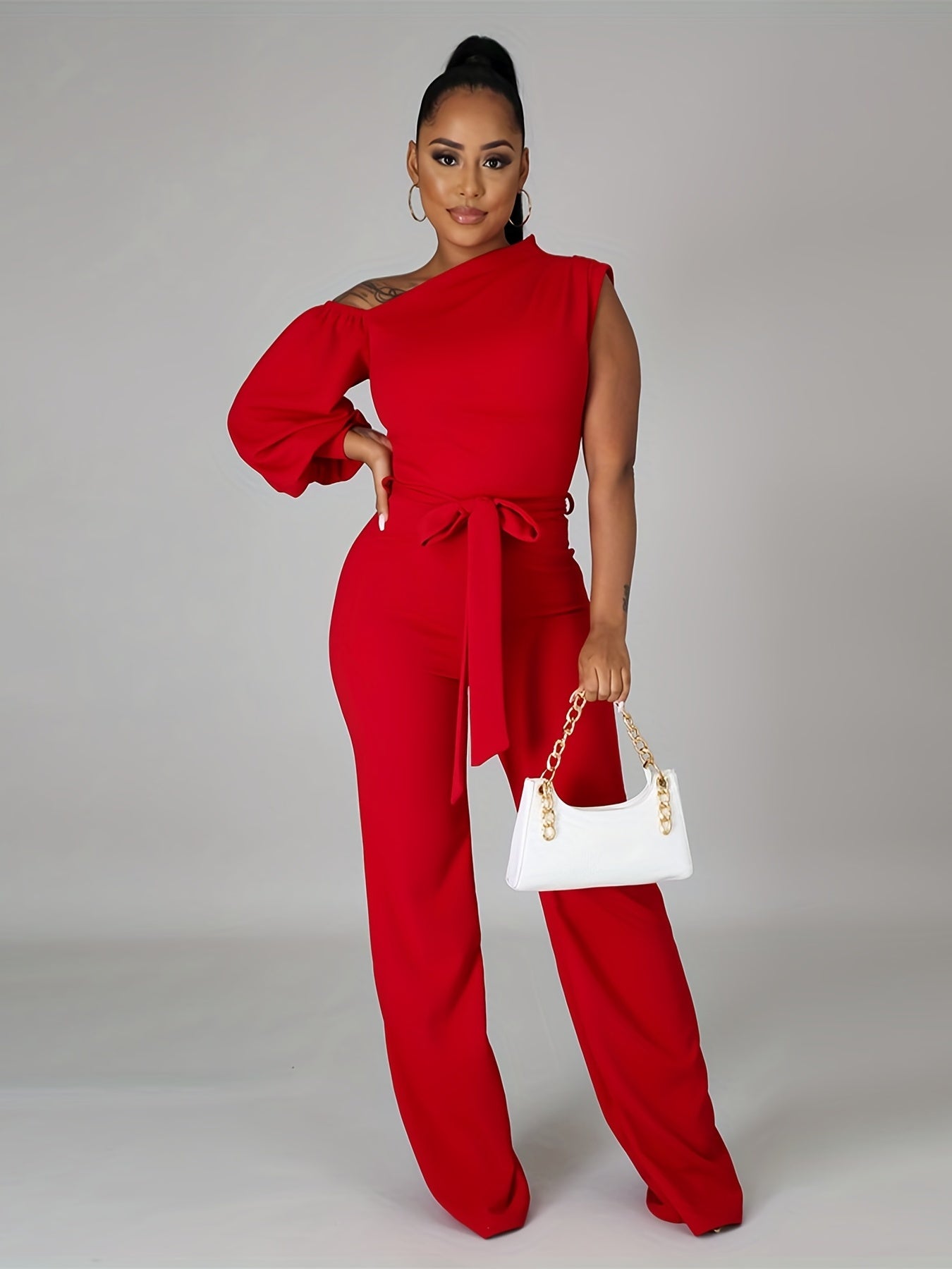 One Shoulder Jumpsuit Long Sleeve Knot Long Length