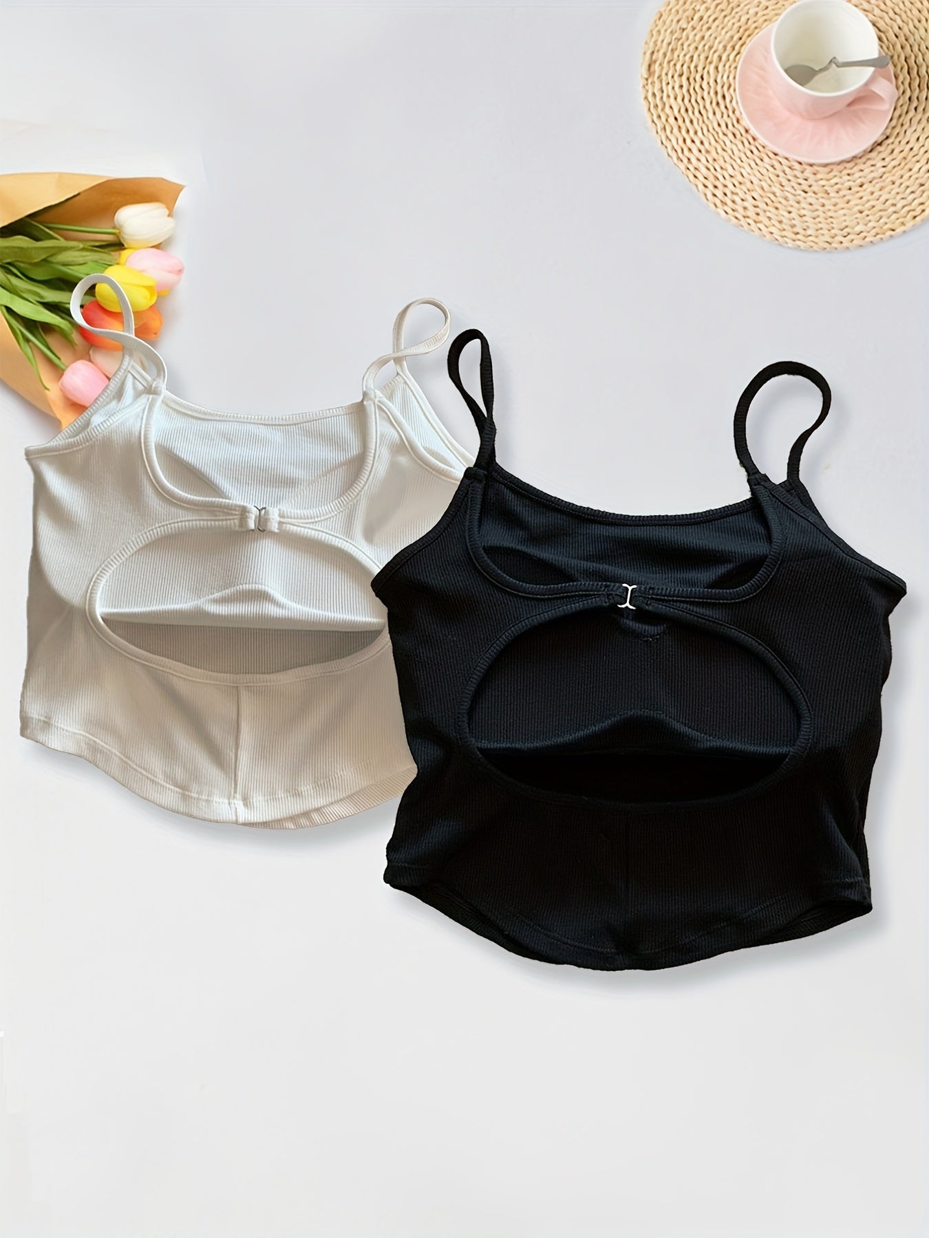 2pcs Girl's Ribbed Cami Top Solid Back Cutout Top Undershirts Kids Teens