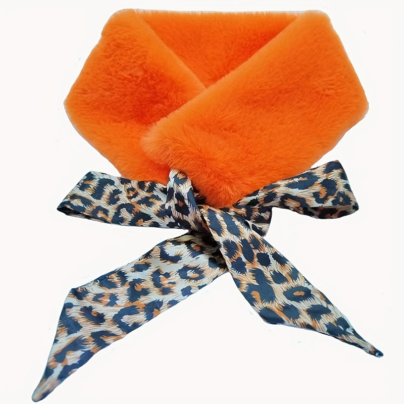 Leopard Print Faux Fur Lace Up Scarf Warm Windproof Neck Wrap For Women