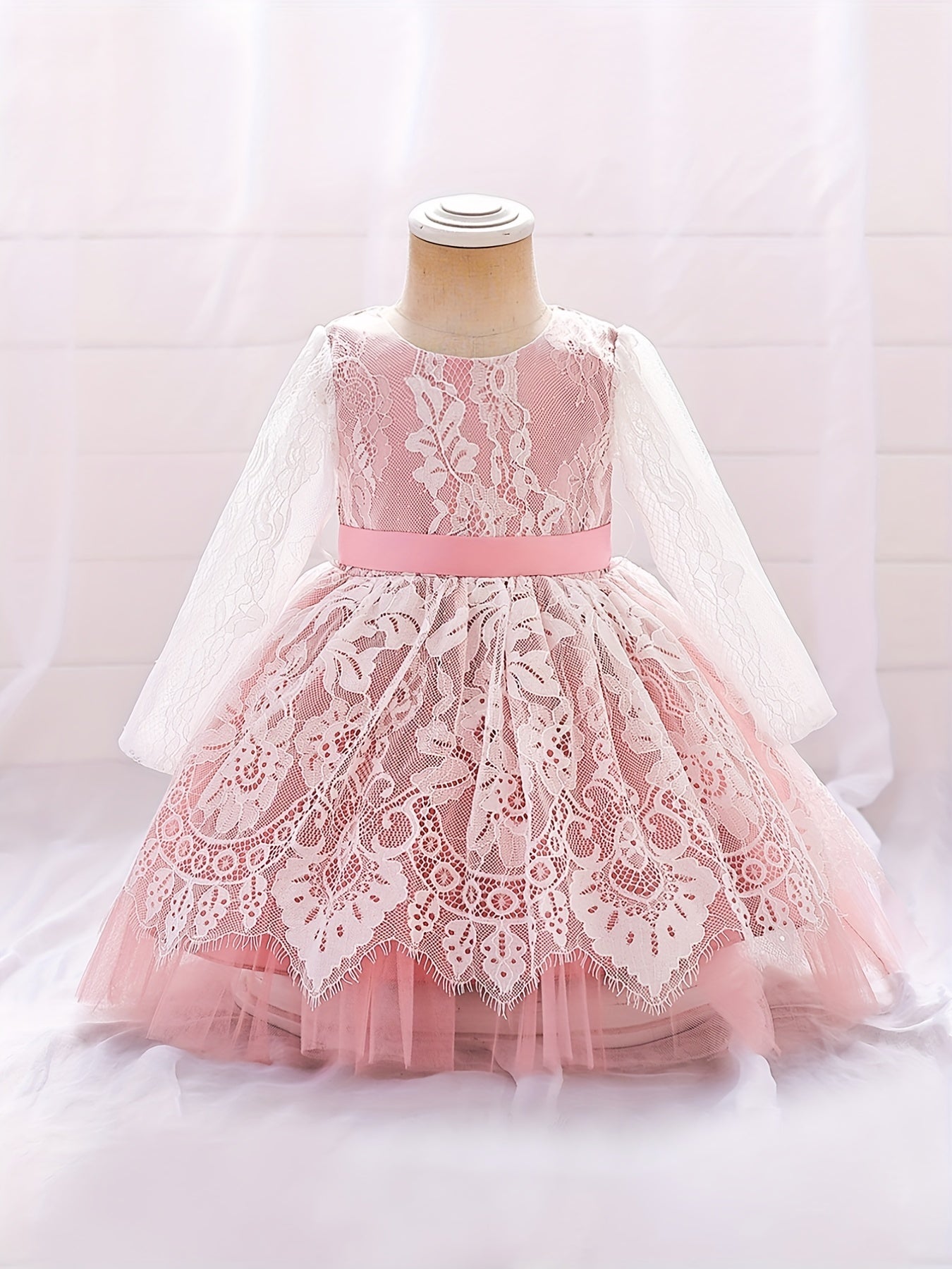 Girls Lace Floral Gown Princess Dress Long Sleeve Mesh Tutu Dress