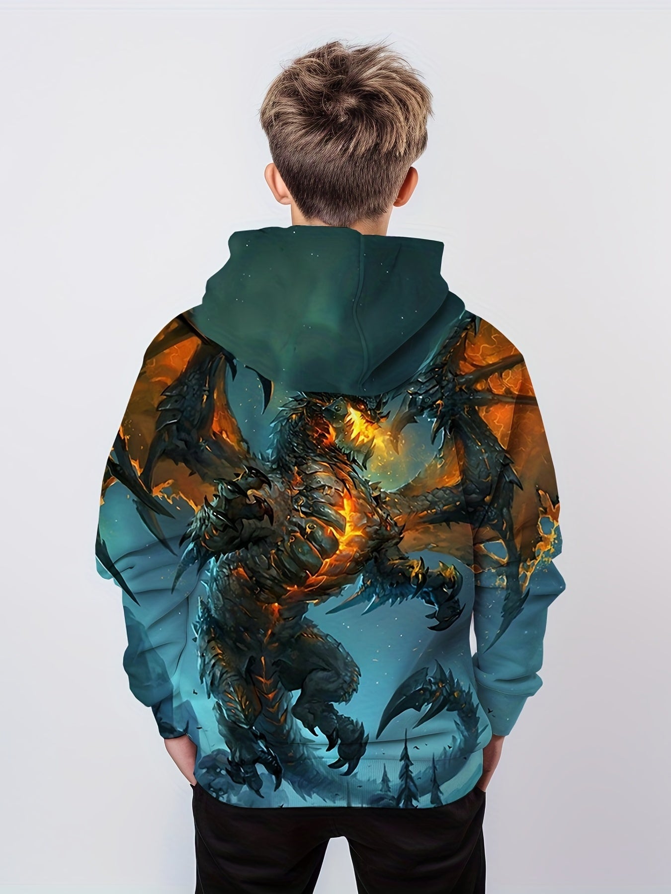 Dragon 3D Print Boys Casual Pullover Hooded Sweatshirt