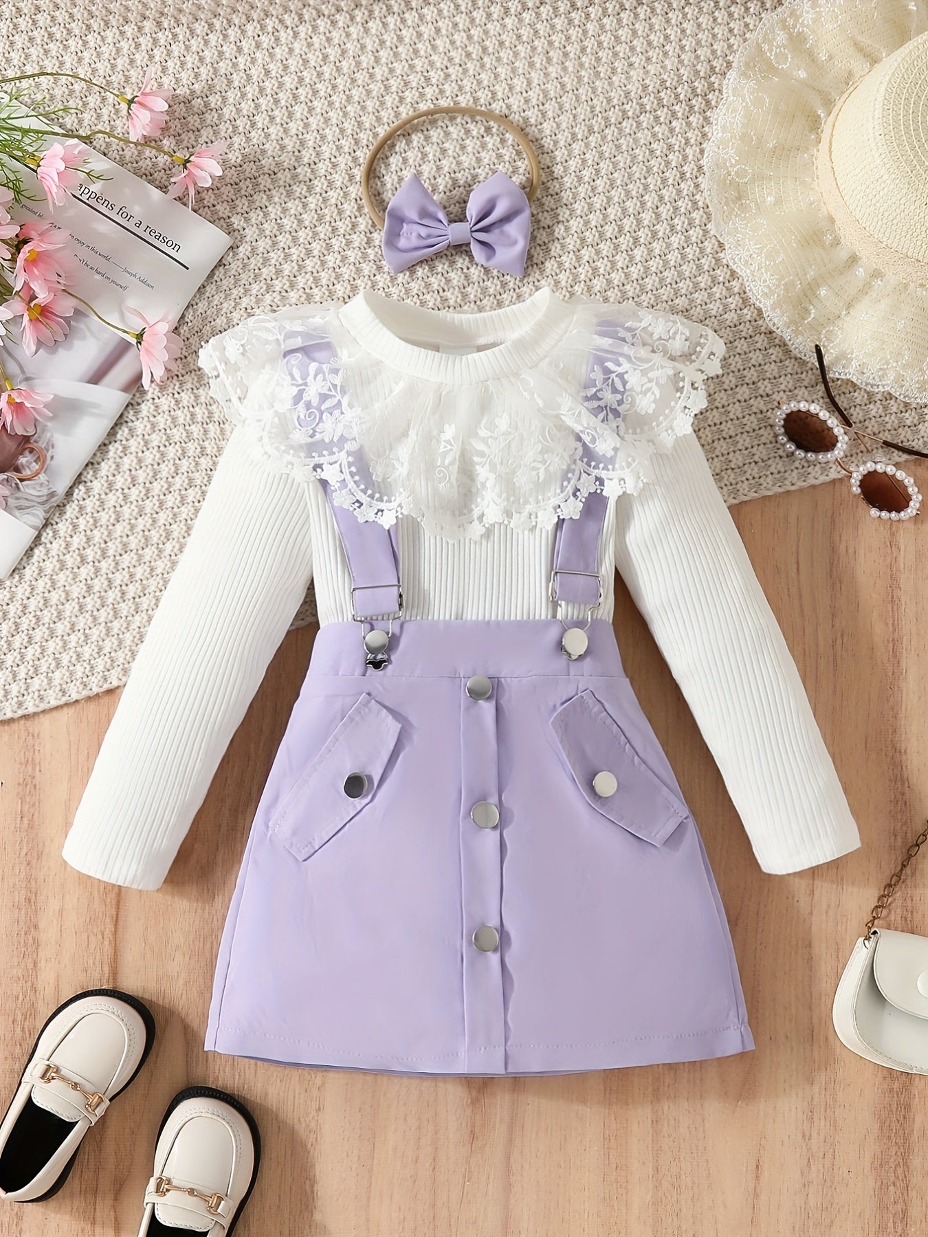 Girl's Top & Jumpsuit Set Lace Ribbed Skirt Casual Outfits Kids Clothes