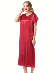 Red Satin Short Sleeve NightDress Crew Neck Pajama Dress Women's Sleepwear