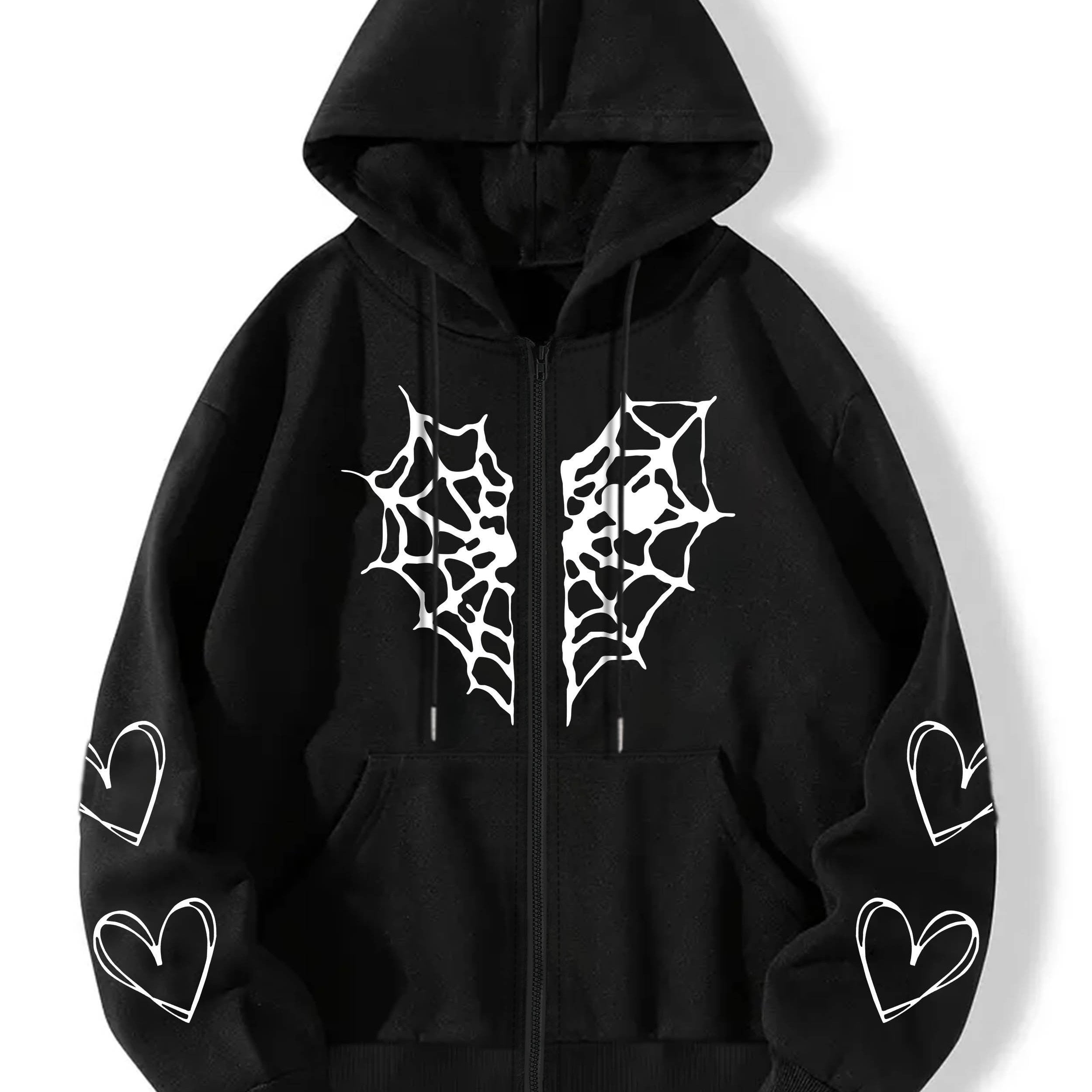 Gothic Heart Print Zip Up Hoodie Casual Long Sleeve Hoodies