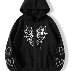 Gothic Heart Print Zip Up Hoodie Casual Long Sleeve Hoodies