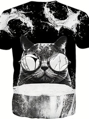 Vintage Cat Graphic T shirt for Men 3D Digital Print Crew Neck Tee