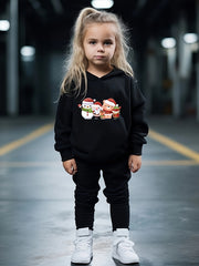 Girls Christmas Cartoon Print Hooded Top Sweatpants Set