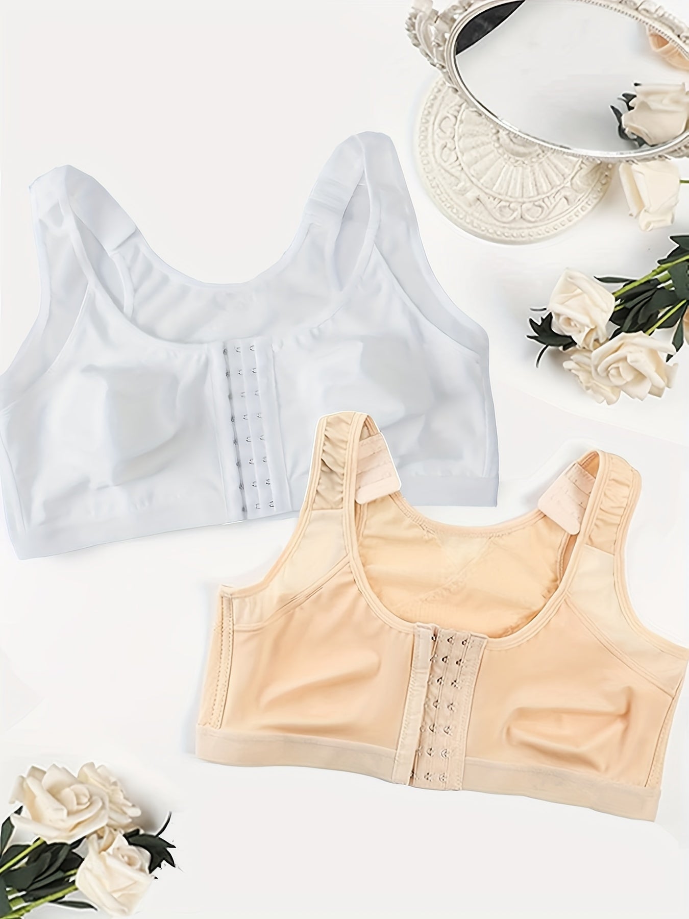 2pcs Wireless Bras Front Buckle Mesh Contrast Comfy & Breathable