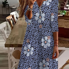 Plus Floral & Leopard Print Zipper Long Sleeve Dress