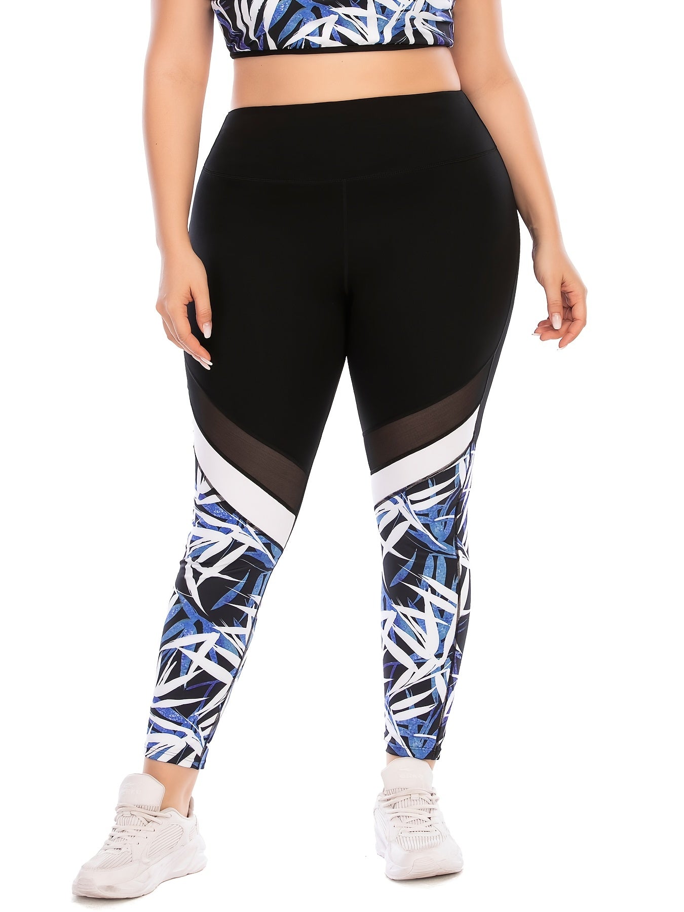 Colorblock Random Print Yoga Sports Leggings Plus Size