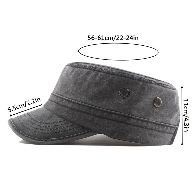 Men's Military Cap Vintage Flat Top Curved Brim Washed Cotton Cadet Army Cap
