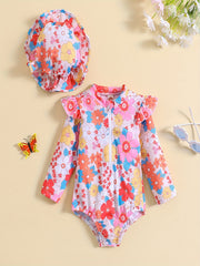 Girls Hat & Swimsuit Set Long Sleeve Zipper Bathing Suit