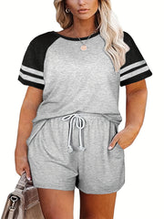 Colorblock Stripe Print Tee & Drawstring Shorts Set