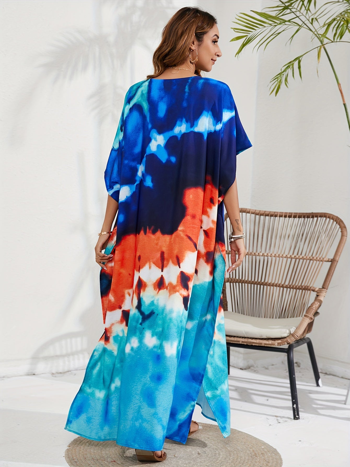 Tie Dye Batwing Sleeve Beach Cover Up Dress