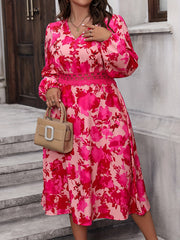 Women's Floral Print Lace Trim Lantern Sleeve V Neck A-line Dress