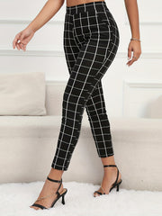 Plaid Pocket Skinny Pants High Waist Summer Workout Comfy Slim Pants
