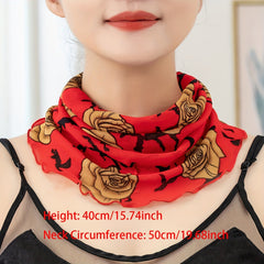 Classic Rose Print Scarf Red Ruffles Thin Breathable Gauze Neck Gaiter