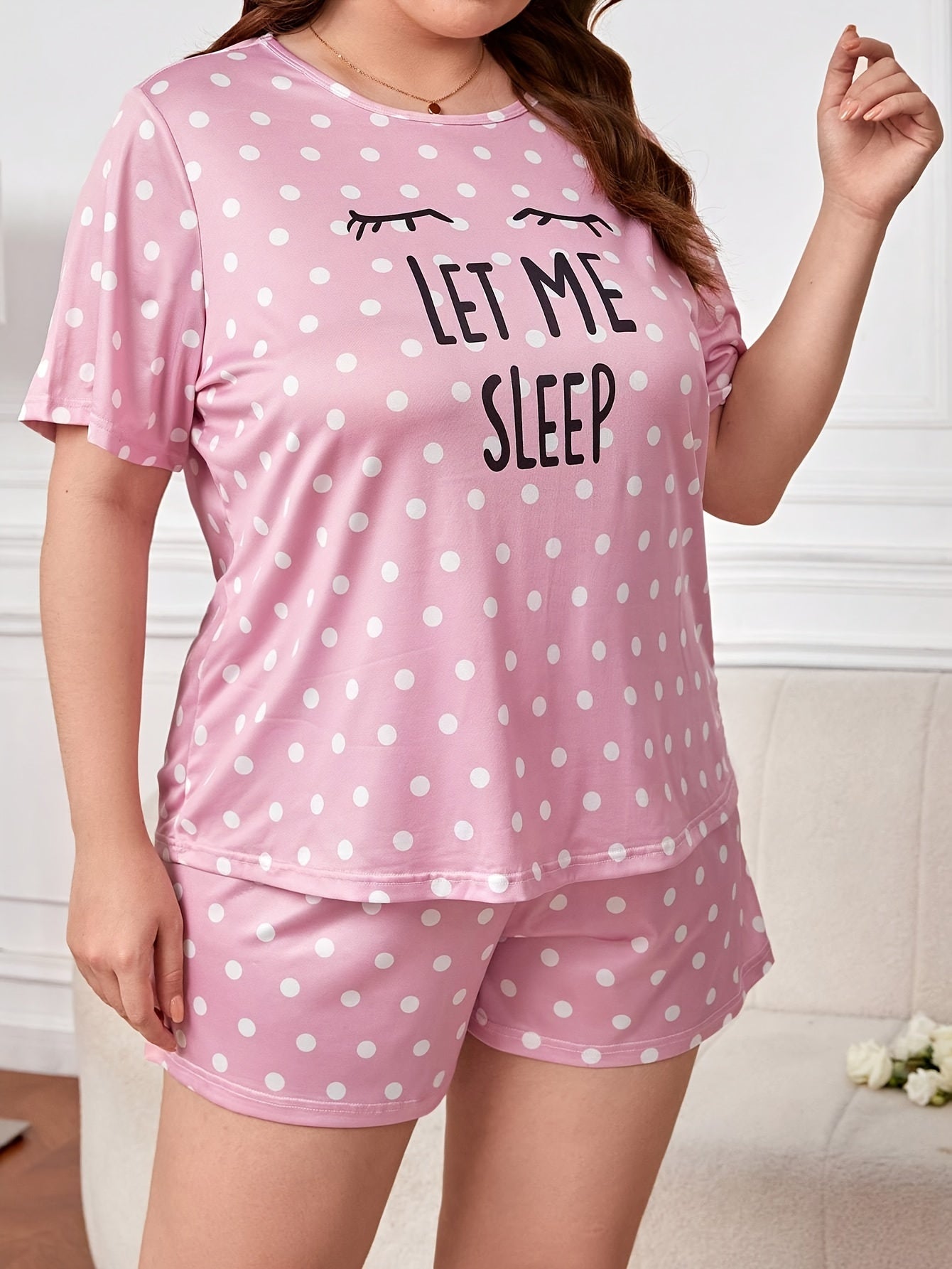 Polka Dot & Slogan Pajama Set Short Sleeve Tee & Shorts Loungewear