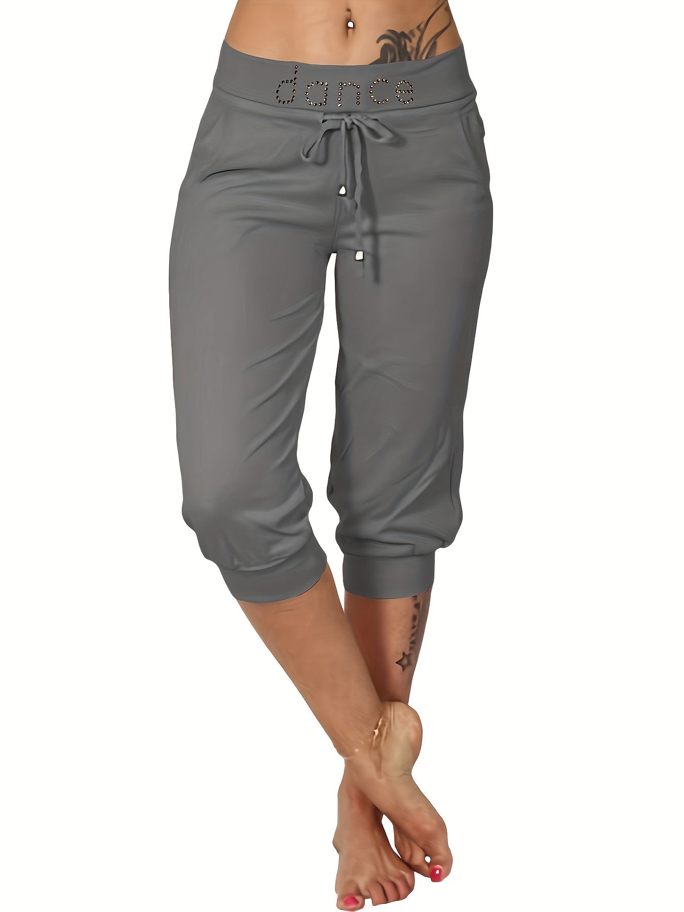 Drawstring Cropped Slim Pants Sports Stretchy Letter Print
