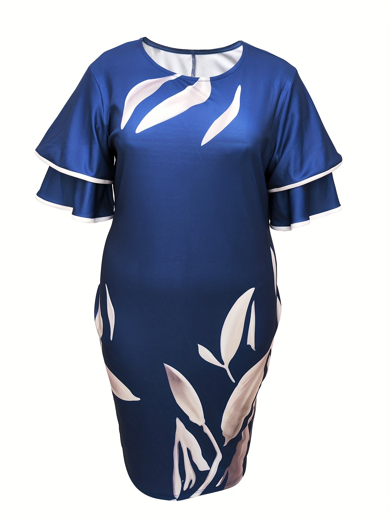 Leaf Print Slim Fit Round Neck Dress