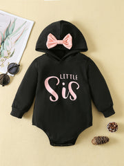 Baby Girls Bow Hooded Romper LITTLE SIS Print