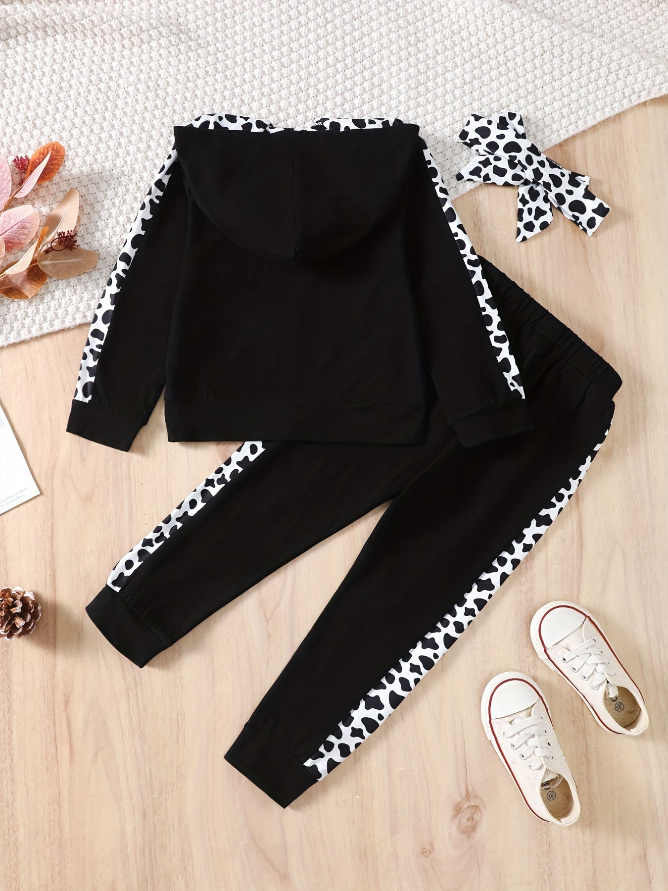 Girl's Set: Hooded Top, Leopard Print Pants & Headband