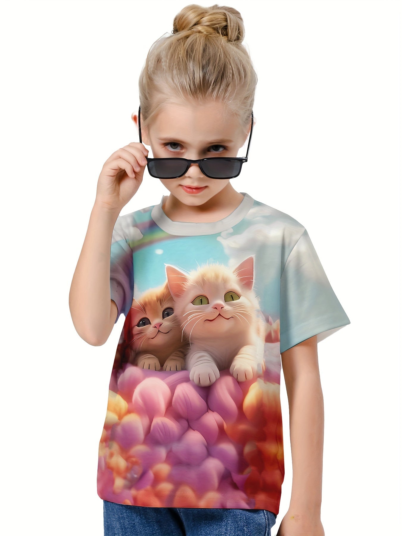 3D Sweet Kitten Print T-shirt for Summer Sports
