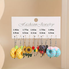 5 Pairs Cartoon Flower Donut Dangling Earrings Set For Kids