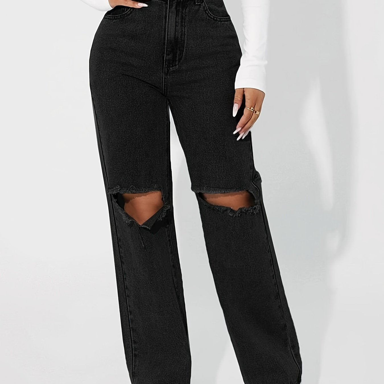 High Rise Ripped Knee Boyfriend Jeans