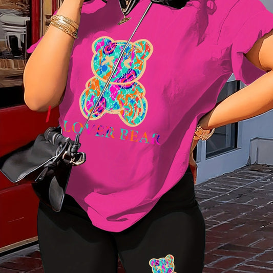 Lover Bear Print Two Piece Outfit Short Sleeve Crew Neck T Shirt & Shorts