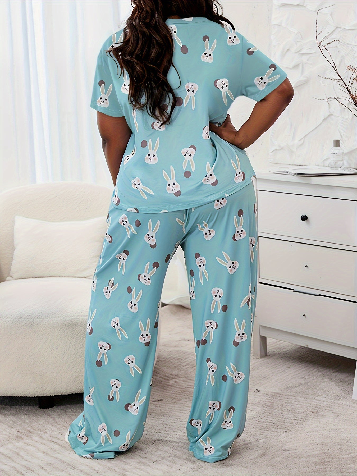 Rabbit Print Short Sleeve Top & Wide Leg Pants Pajama Set