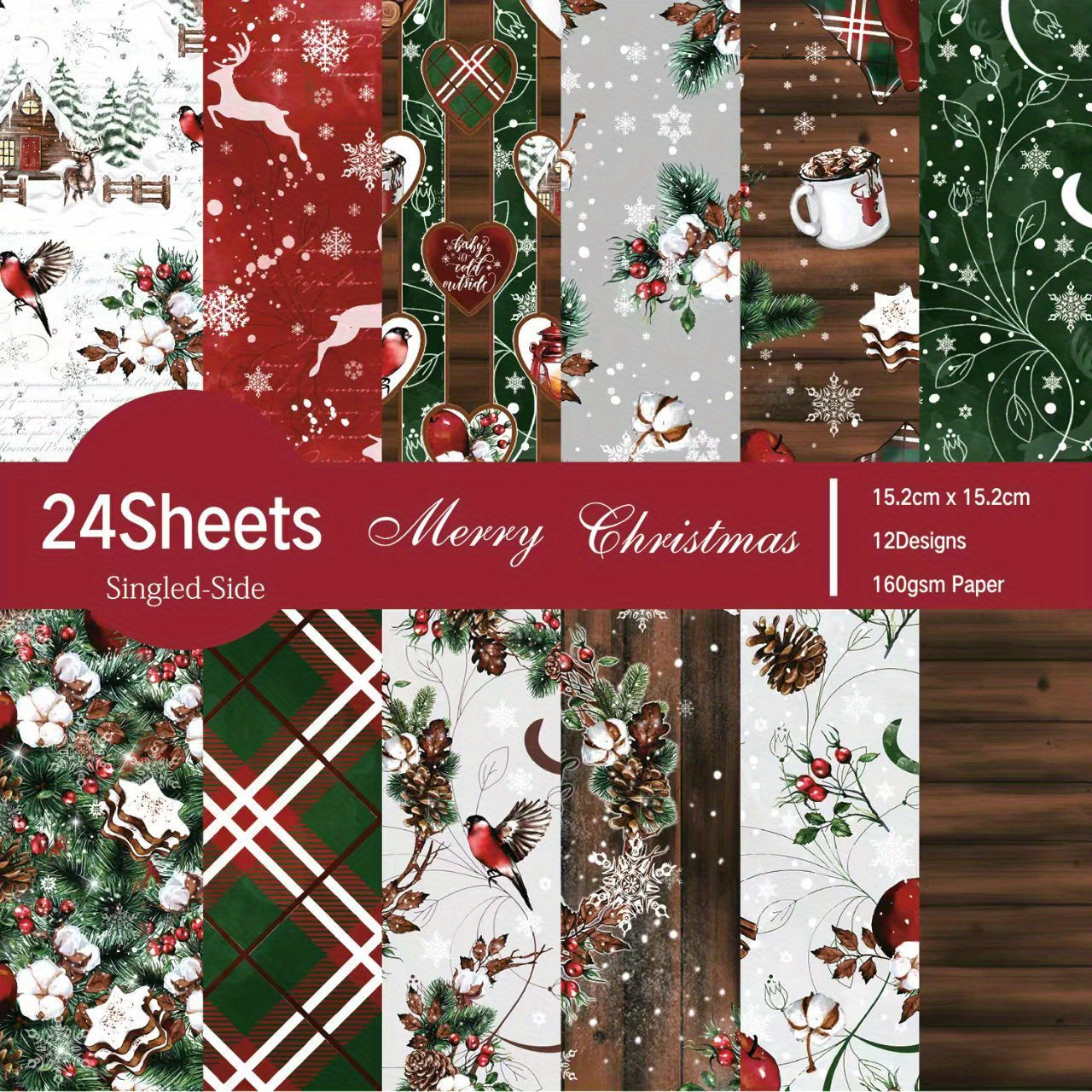 24pcs Christmas Scrapbook Paper Vintage Patterns Crafting Supplies