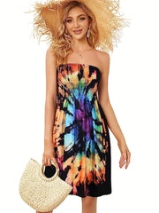 Tie Dye Print Tube Dress Sleeveless Casual Pleated Dress for Summer