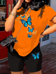 Butterfly Print Two Piece Outfit Short Sleeve Crew Neck T Shirt & Shorts Set