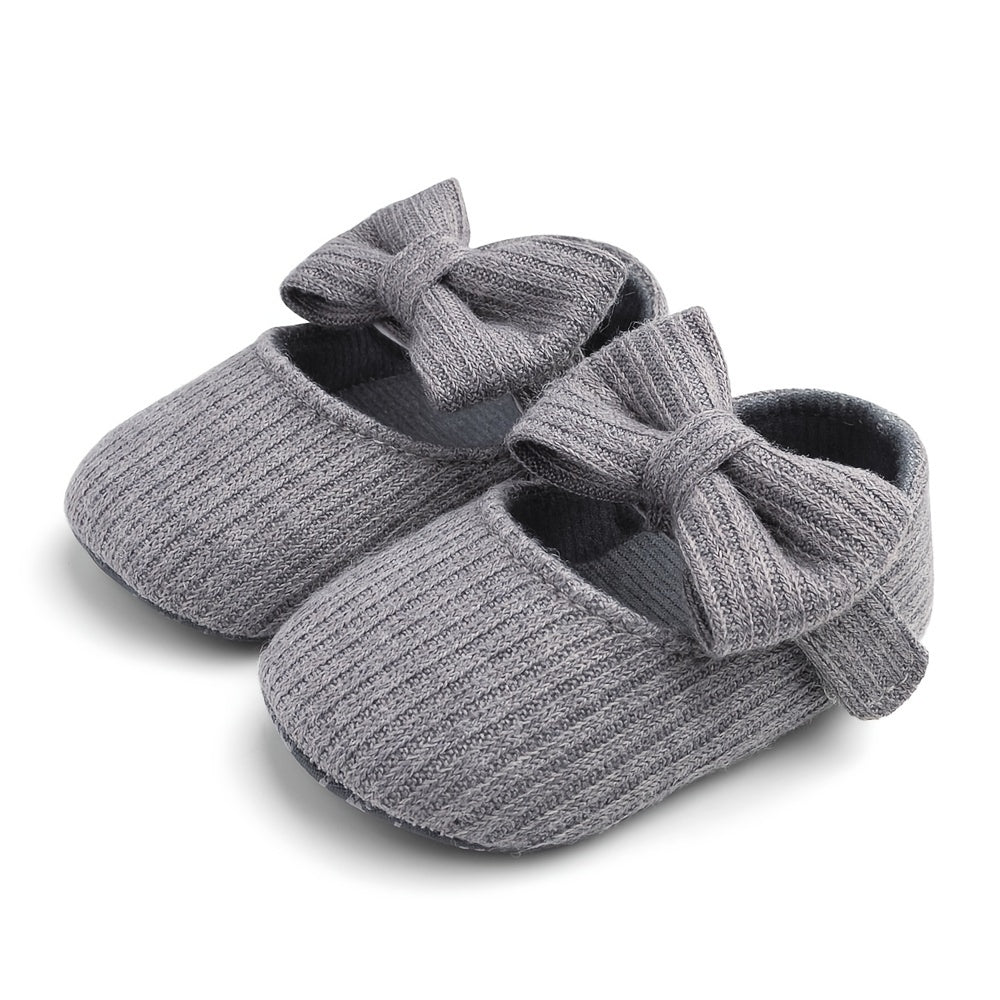 Baby Girls Knitted Shoes With Bow Soft Sole Non slip Slip on Walking Shoes